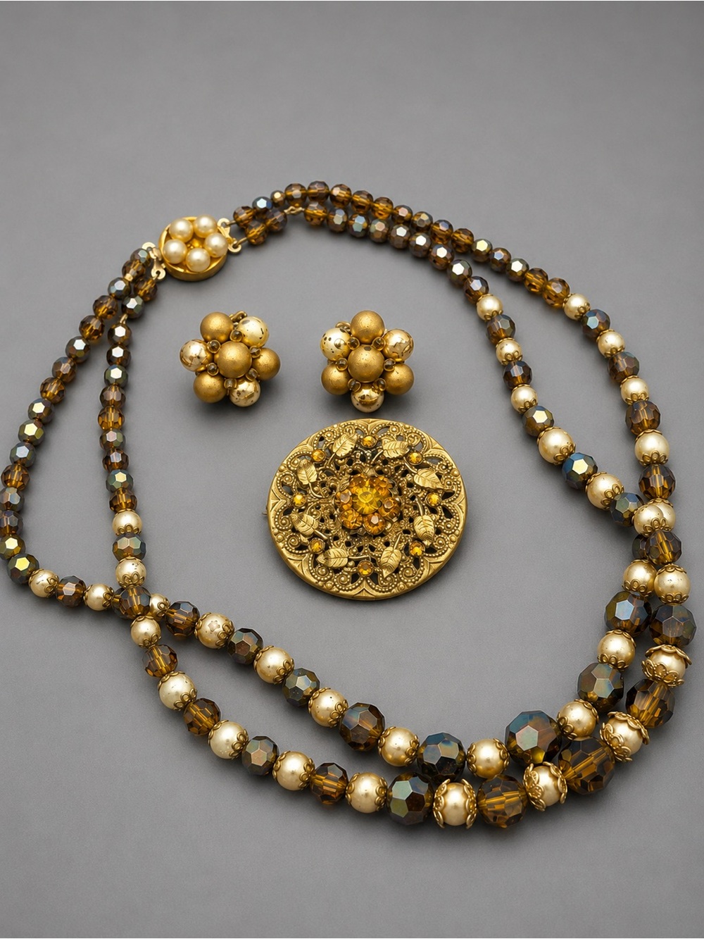 Vintage Beaded Necklace, Brooch & Clip-On Earrings